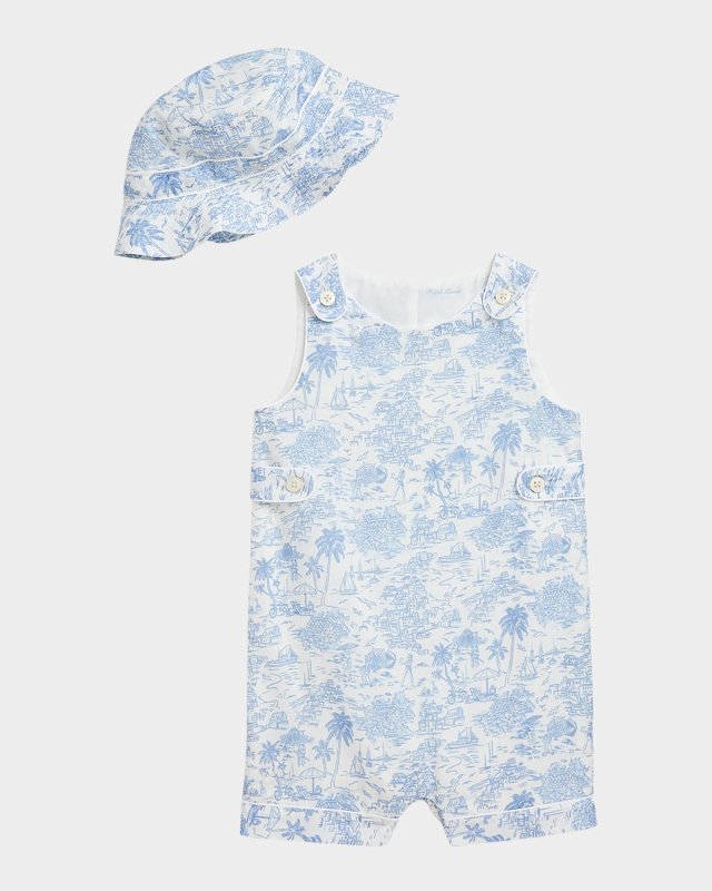Boy's Printed Bubble Romper w/ Hat Set, Size 3M-24